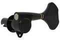Black metal and plastic bass guitar tuning machine with gold accent and mounting hole.