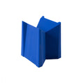 Blue plastic instrument neck support cradle with angled sides and embossed text.