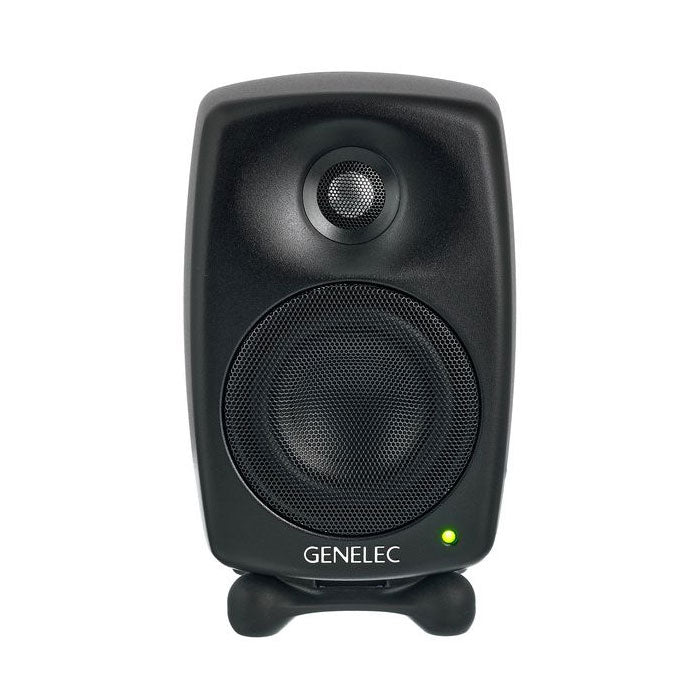 Black studio monitor speaker with metal mesh on drivers and Genelec logo on front