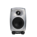 Silver studio monitor speaker with black drivers and isolating stand on white background.