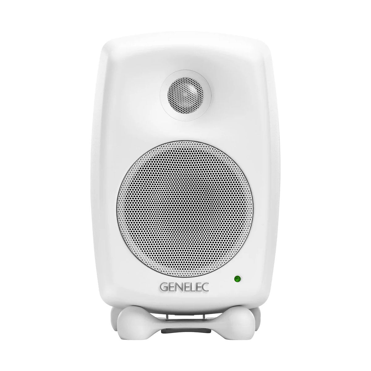 White Genelec studio monitor speaker with front grille, brand logo, green indicator light, and a stand.
