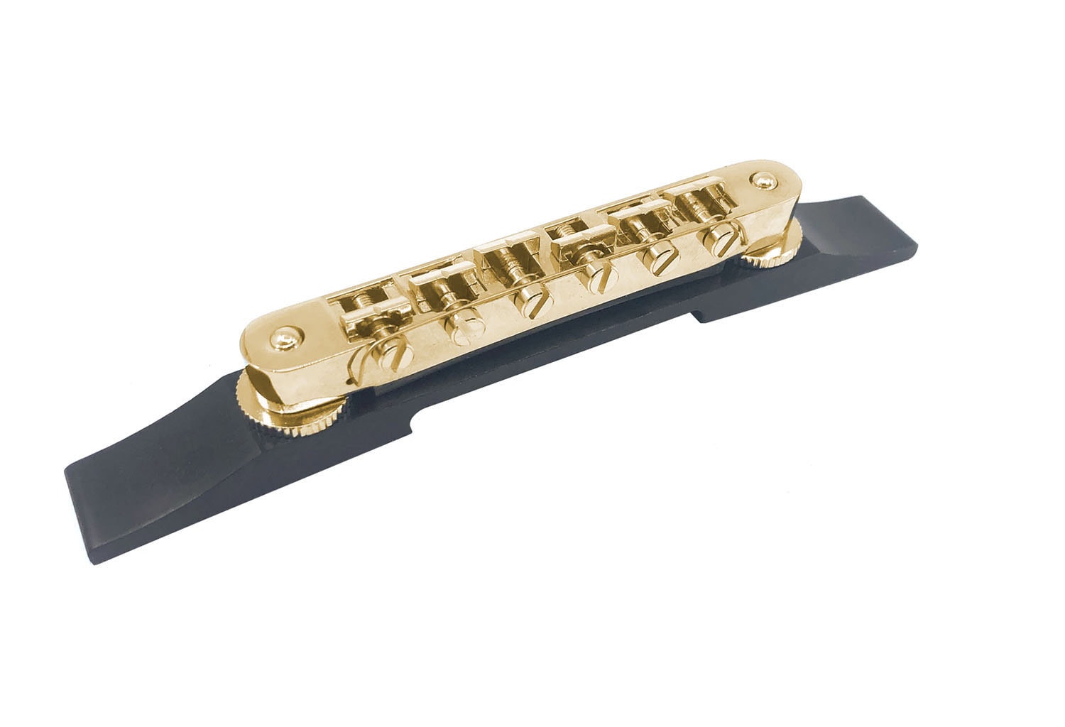 Gold-colored adjustable guitar bridge with six saddles mounted on a black base