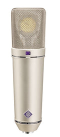 Silver metal studio microphone with mesh grille and Neumann logo on the body.