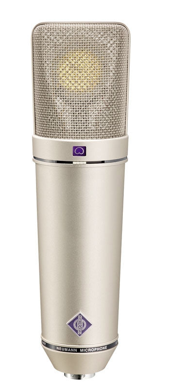 Silver metal studio microphone with mesh grille and Neumann logo on the body.