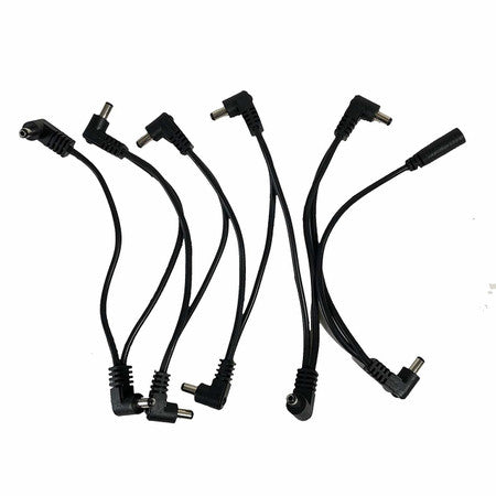 Black power daisy chain cable with multiple DC power connectors arranged in two branches.