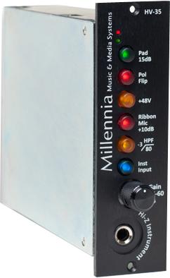 Front panel of a Millennia HV-35 audio preamp with control knob, indicator lights, and 1/4 inch instrument input jack.