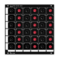 Front panel of a black 6x6 stereo matrix mixer with a grid of black and red rotary knobs.