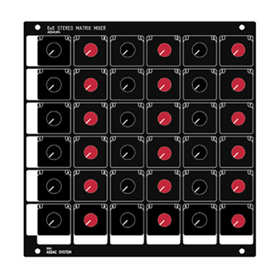 Front panel of a black 6x6 stereo matrix mixer with a grid of black and red rotary knobs.