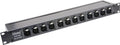 Black and silver rack-mounted audio panel with twelve XLR female inputs and rotary knobs above each input.