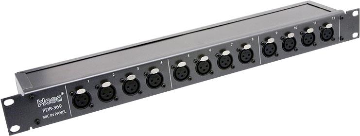 Black and silver rack-mounted audio panel with twelve XLR female inputs and rotary knobs above each input.