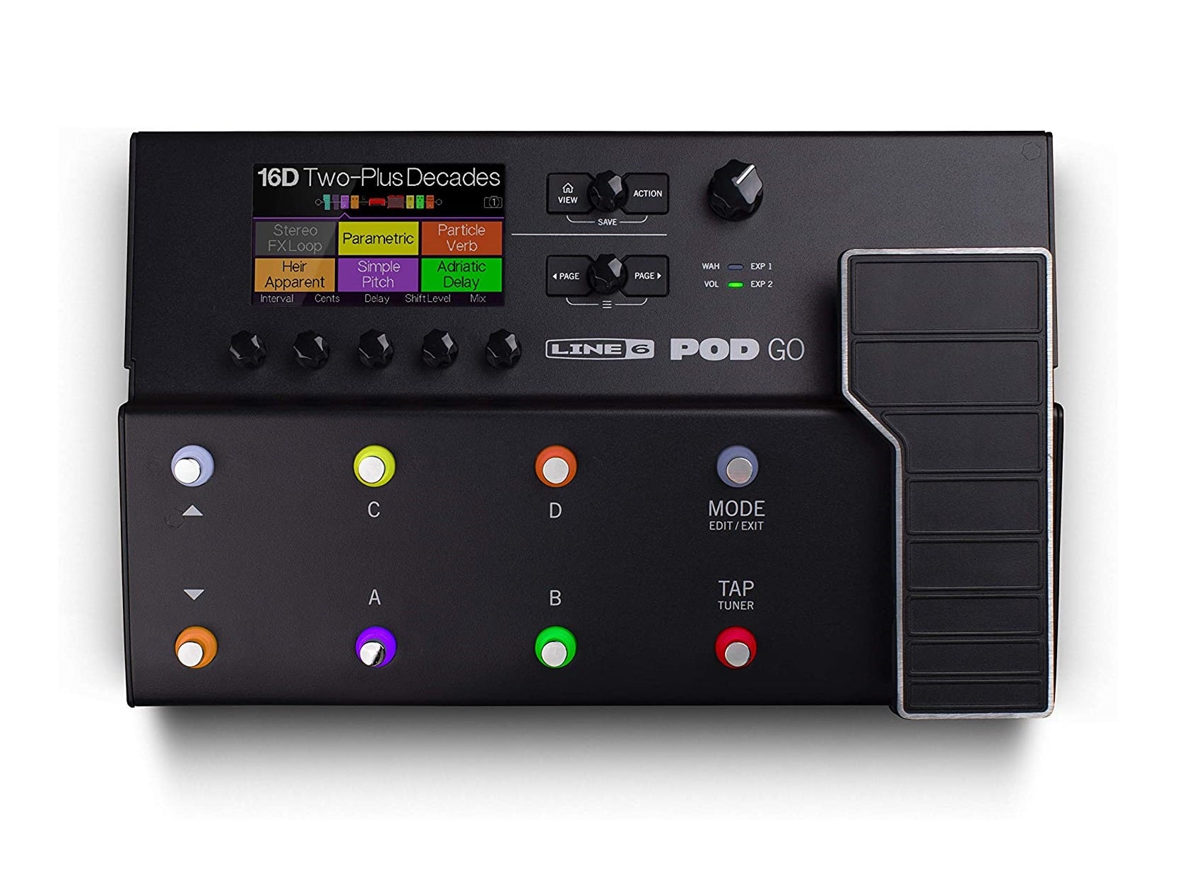 Top view of a black multi-effects guitar floor processor with color-coded footswitches, knobs, a display screen, and an expression pedal.