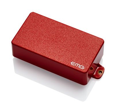 Red EMG guitar pickup with white EMG logo on the corner and mounting hole.