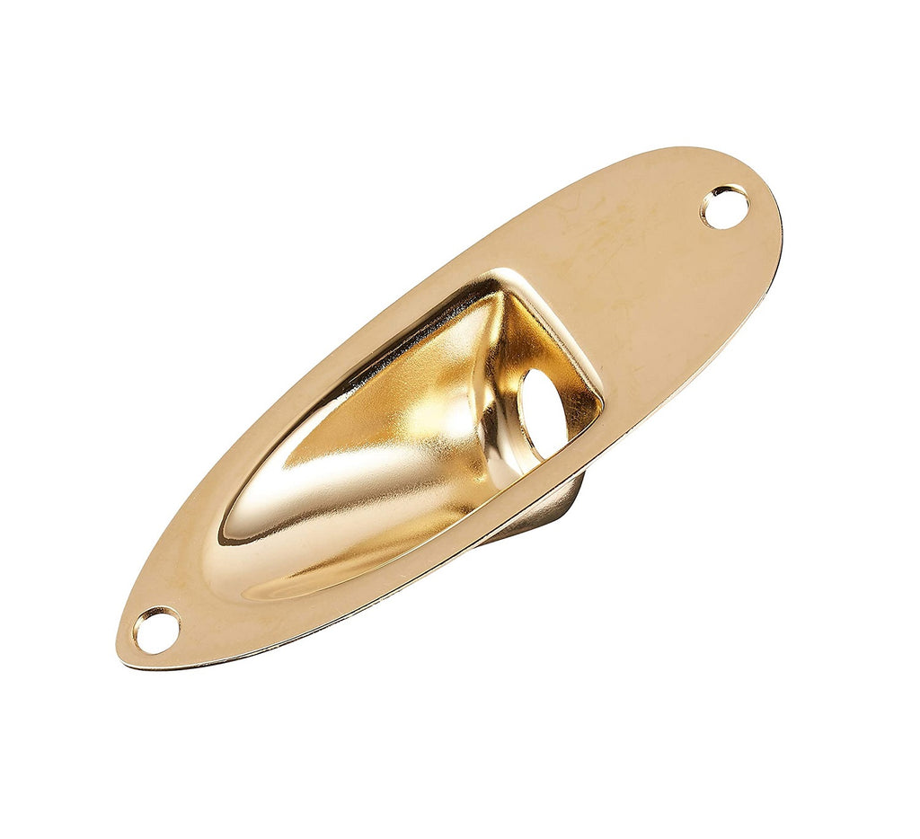 Gold-colored metal jack plate for mounting with two screw holes and a central opening.