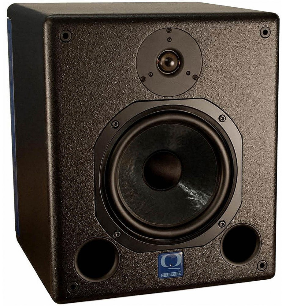 Black studio monitor speaker with a tweeter, woofer, dual ports, and a blue Quested logo plate on front.