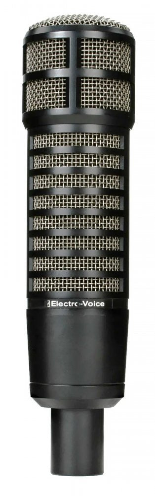 Black Electro-Voice microphone with metal grille and cylindrical connector shown upright on white background.