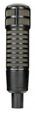 Black Electro-Voice microphone with metal grille and cylindrical connector shown upright on white background.