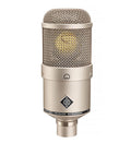 Front view of a silver condenser microphone with metal mesh grille and brand logo.
