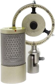Silver microphone capsule and beige circular shock mount with knob and metal stand attachment.