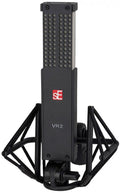 Black rectangular microphone with numerous circular holes and shock mount, labeled with sE and VR2.