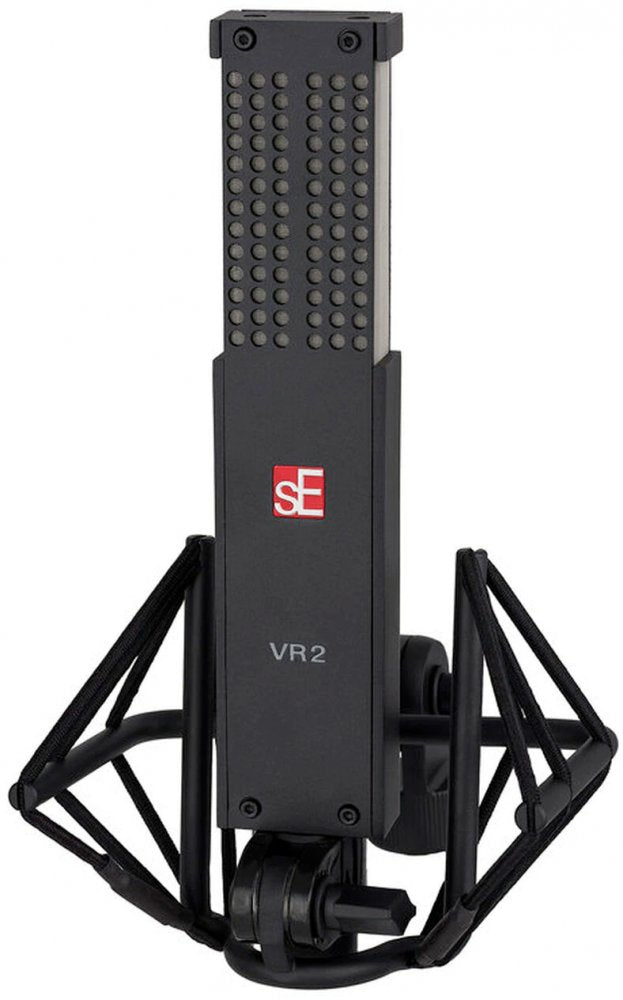 Black rectangular microphone with numerous circular holes and shock mount, labeled with sE and VR2.