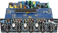 Blue circuit board module with black front panel and five rotary knobs labeled with frequency bands and mix control.