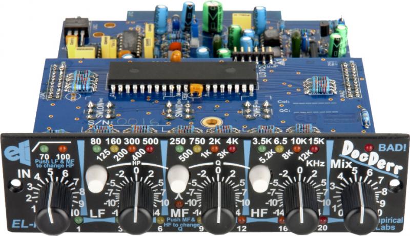 Blue circuit board module with black front panel and five rotary knobs labeled with frequency bands and mix control.