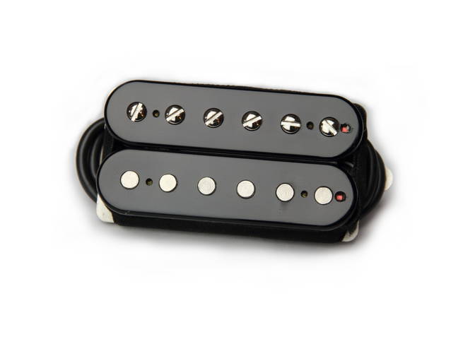 Black humbucker guitar pickup with two rows of adjustable pole screws and attached wire visible on white background.
