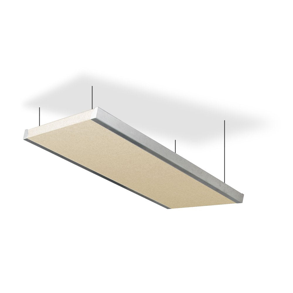 Rectangular beige acoustic panel with silver edges suspended by four black hanging wires.