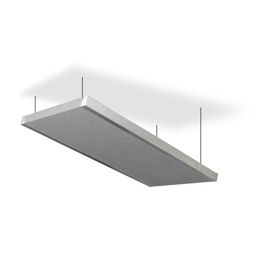 Rectangular grey acoustic panel suspended from ceiling by four black wires.