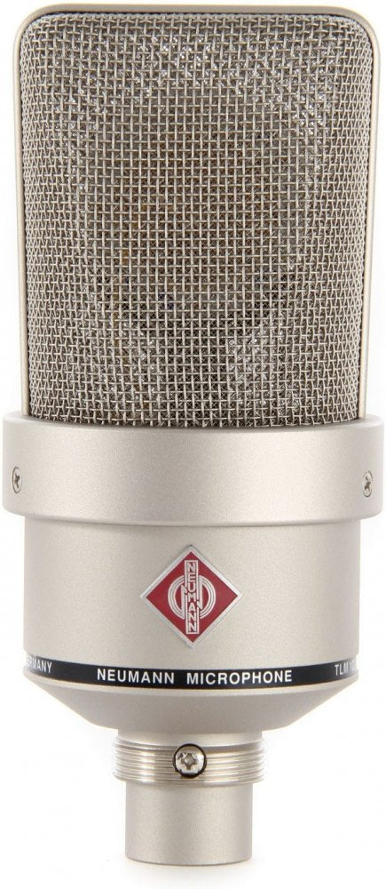 Front view of a silver microphone with metal mesh grille and Neumann logo above text band