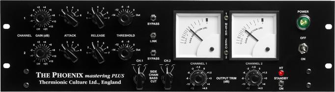 Front panel of a black audio mastering processor with knobs, switches, meters, and power button.