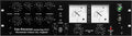 Front panel of a black audio mastering processor with knobs, switches, meters, and power button.