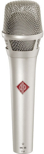 Silver handheld microphone with a metal mesh grille and a red diamond-shaped logo on the handle.