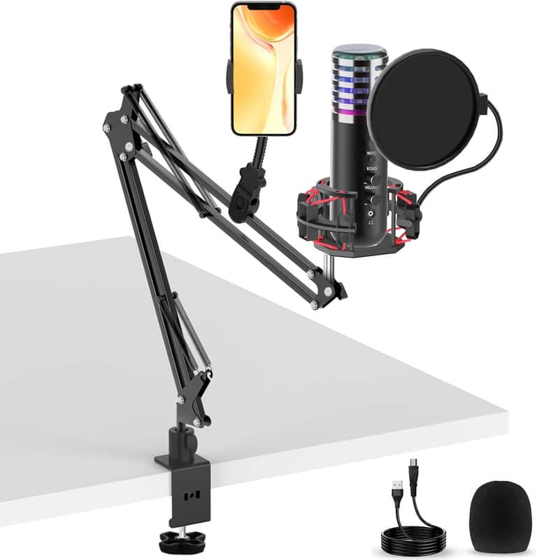 USB Condenser Microphone for PC PS4, PS5 Streaming Singing Podcast Studio, Computer Cardioid Gaming Mic Kit for Recording YouTube with Boom Arm Stand Pop Filter, Mute Button, Volume, Echo