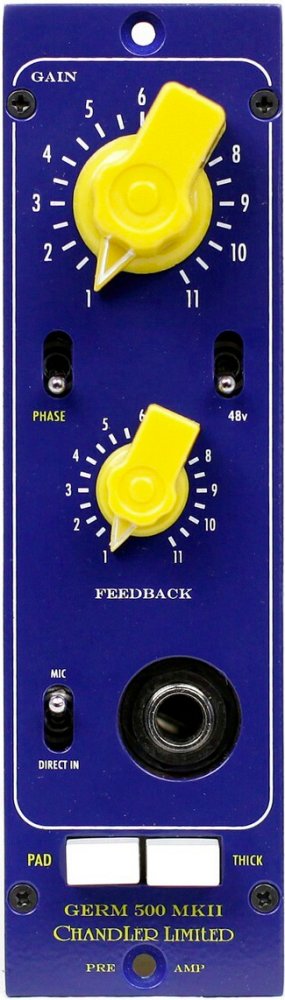 Blue preamp module with yellow knobs and switches, featuring gain and feedback controls and a quarter-inch input jack.