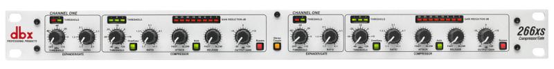 Front panel of a white rackmount dual-channel audio compressor/gate unit with knobs, switches, and an XLR input.