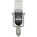Black and silver studio microphone with a metal mesh grille and cylindrical connector at the base.