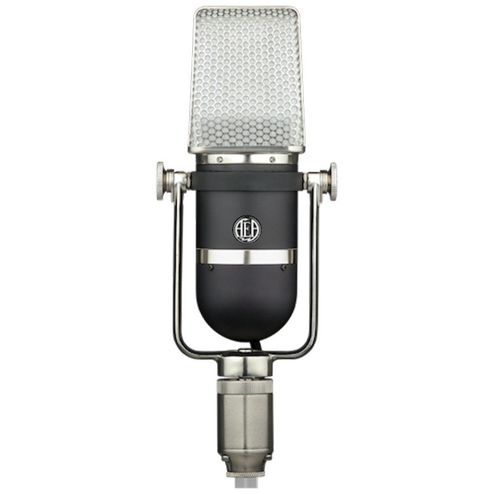 Black and silver studio microphone with a metal mesh grille and cylindrical connector at the base.