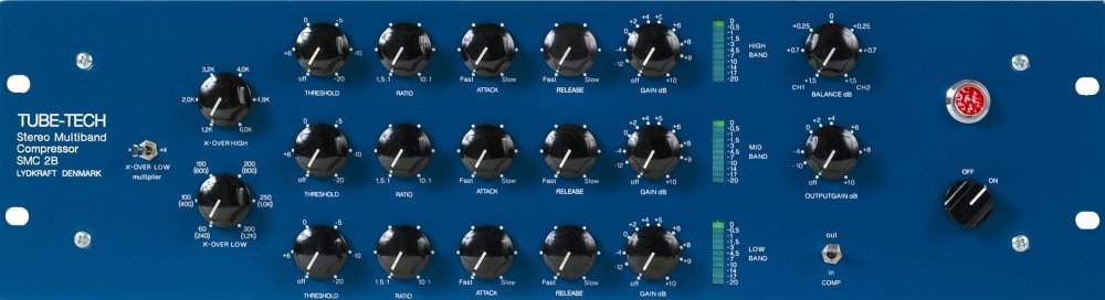Blue stereo multiband compressor with multiple black control knobs and a red power button on front panel.