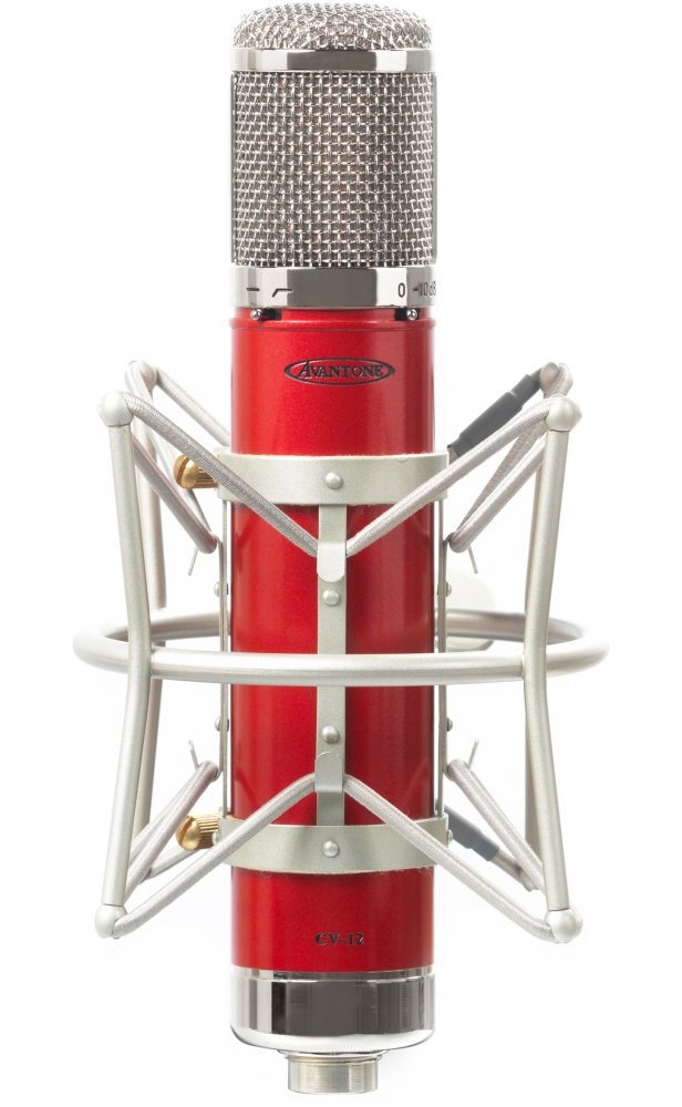 Red and silver condenser microphone mounted in a silver shock mount with a mesh grille and a rotary switch.