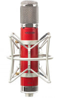 Red and silver condenser microphone mounted in a silver shock mount with a mesh grille and a rotary switch.