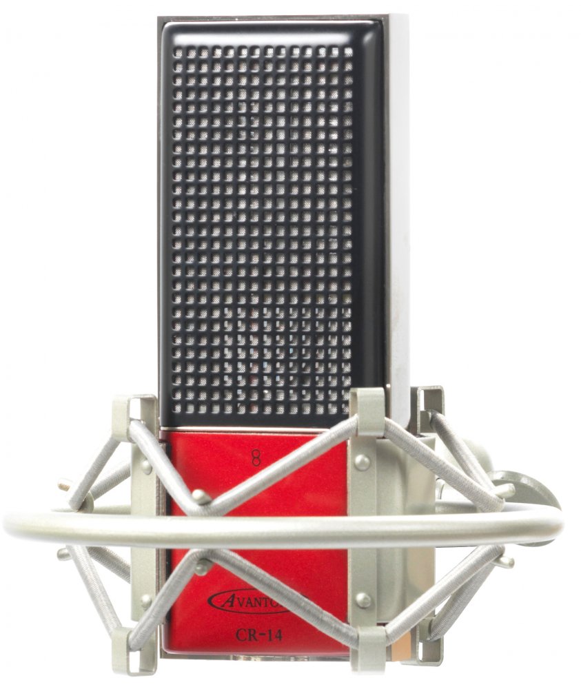 Front view of a rectangular black and red microphone labeled AVANT CR-14 in a silver suspension mount.