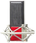 Front view of a rectangular black and red microphone labeled AVANT CR-14 in a silver suspension mount.