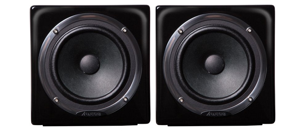 Pair of black cube-shaped speakers with visible cones and AVANTONE logo on the front.