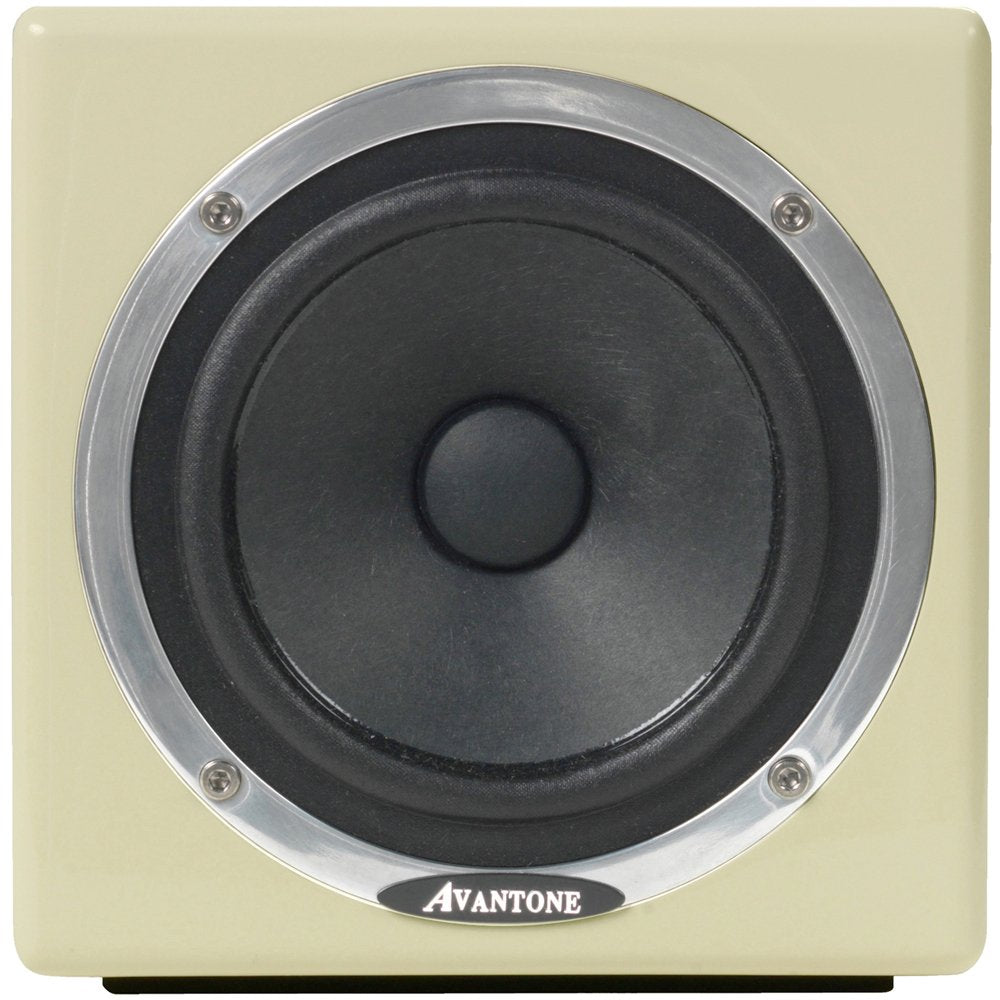 Cream colored square studio monitor speaker with a large black cone driver and Avantone logo.