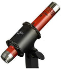 Red and black cylindrical microphone with XLR connector mounted on a black stand.