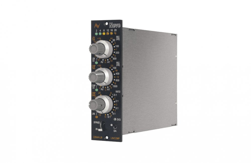 Black and silver audio processor module with three knobs, toggle switch, and indicator lights labeled Neve.