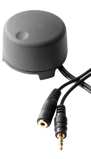 Small round black device with a short cable ending in a 3.5mm male plug and a 3.5mm female jack.