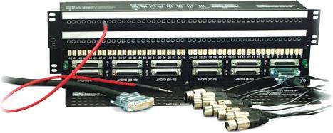 Rack-mount patchbay unit with multiple DB25 connectors and attached breakout cables with BNC connectors.