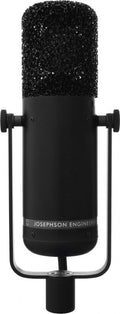 Black cylindrical microphone with mesh top and adjustable side knobs on a mount stand.